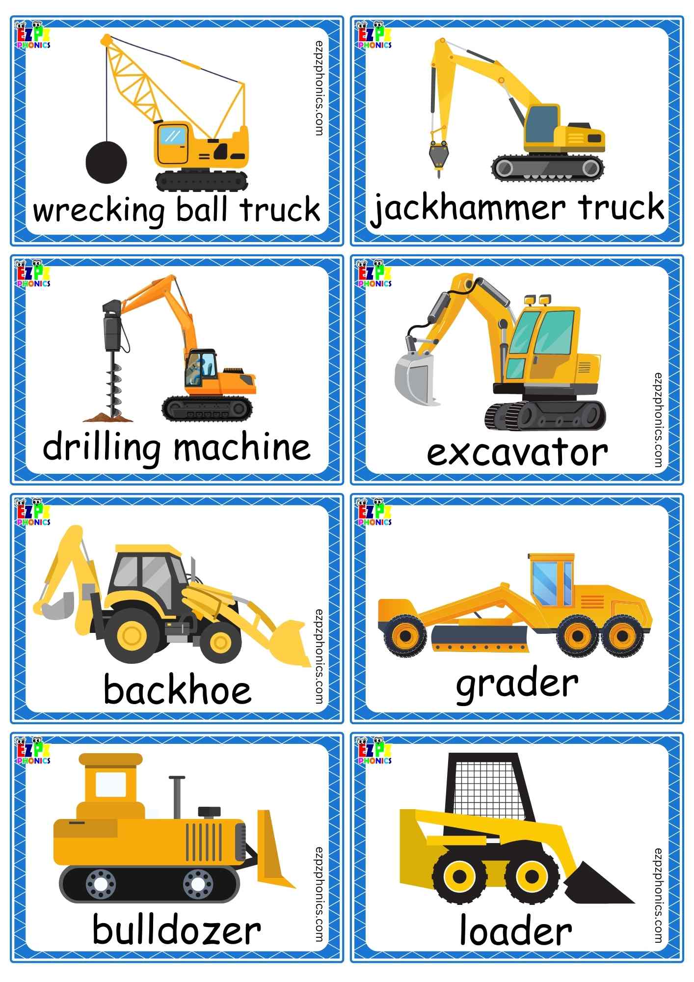 Transportation Construction Equipment / Machines - Mini Flashcards / Game Cards (Free PDF Download)